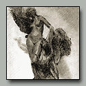 Impressionistic drawing of small bronze of young woman with eagle
