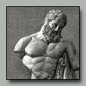 Black & white drawing on gray paper of marble sculpture of Heracles