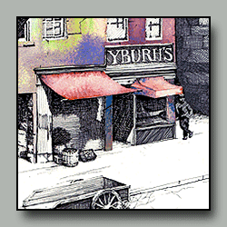 Pen&ink and watercolor drawing of a street in old Glasgow