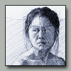 Drawing of young woman partially draped in a kimono