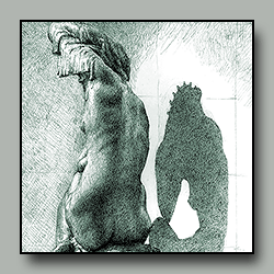 Drawing of slender patinated bronze female figure